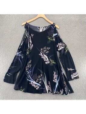Free People Top Womens Extra Small Clear Skies Tunic Black Floral Cold Shoulder